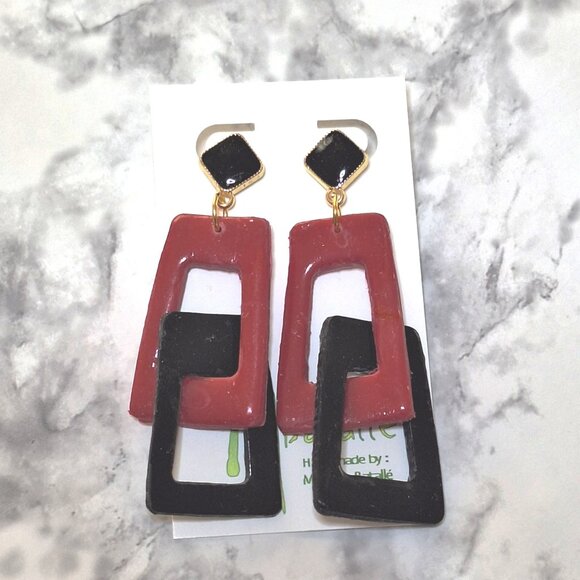 Earrings. Black & Red Geometrics - Picture 1 of 1